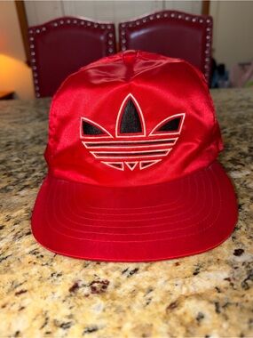 Vintage 80s Adidas Red Satin Black Trefoil Snapback Cap
